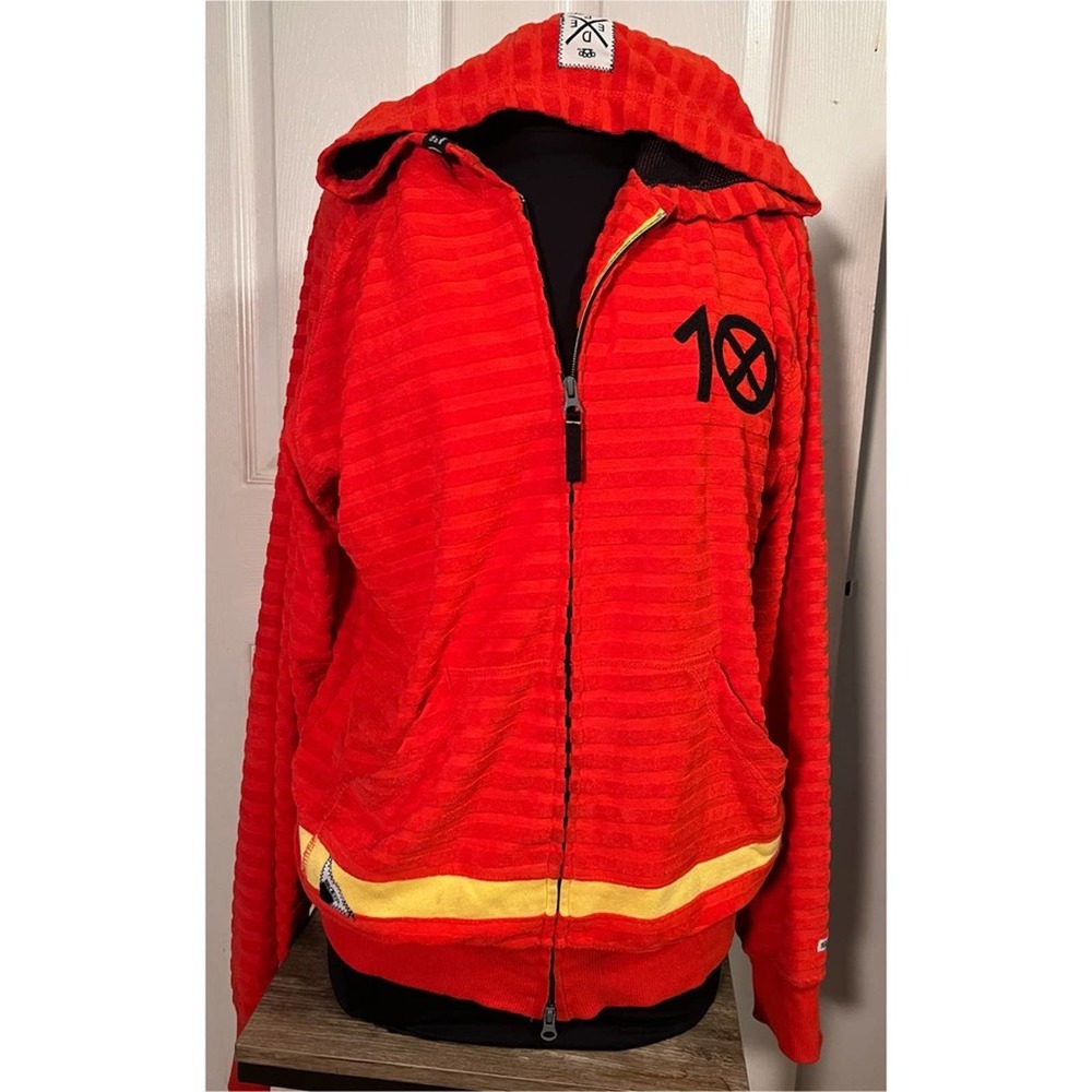 10.Deep Red, Black & Yellow Striped Terrycloth Full Zip Hoodie Hooded Sweatshirt